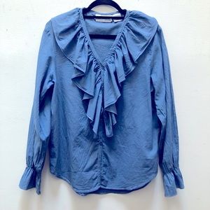 Blue cotton ruffle blouse